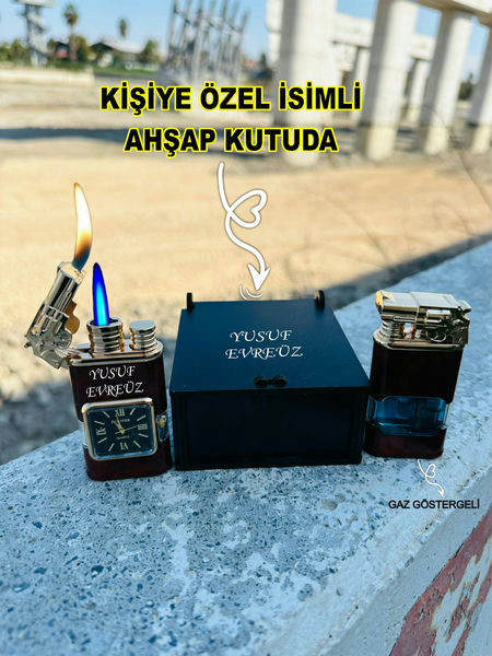 Kahve Saatli Silah Başlıklı Gaz Göstergeli Çift Ateşli Çakmak 